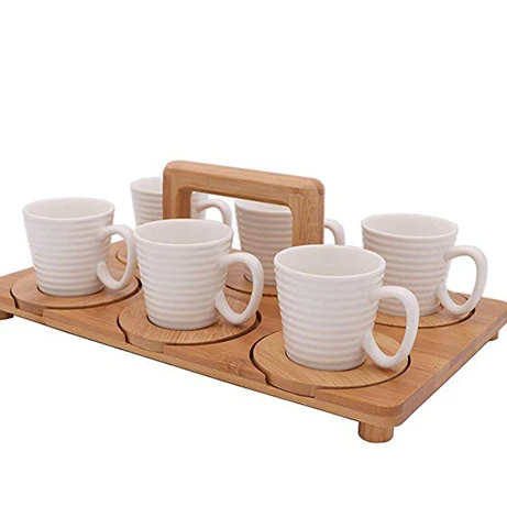 Белые фарфоровые чашки эспрессо с бамбуковыми блюдцами и деревянным подносом 3 унции для кофейных напитков чая кафе мокко