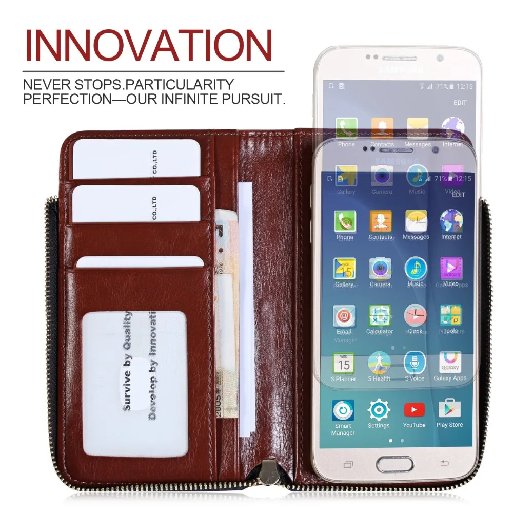 For Business Man Zipper Wallet Style With Suction Cup Card Slots Flip Universal Phone Case For Mobile Phone 4.0-5.0inch