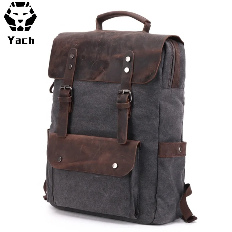 Retro 16Oz washed design daily durable crazy rucksack man back pack bag laptop school mens waxed canvas leather backpack