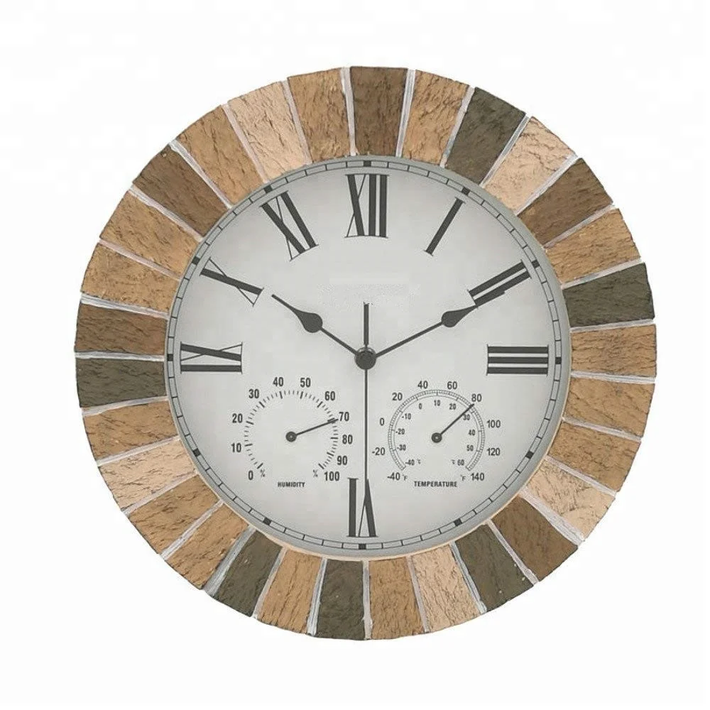 14 inch Faux Stone Outdoor garden Wall Clock with thermometer and HYGROMETER