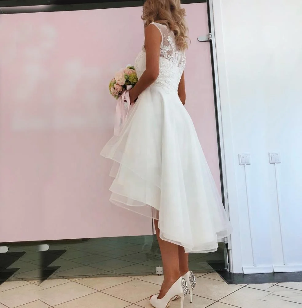 Illusion Neckline Real Thai Traditional High Low A Line Short Wedding Dress