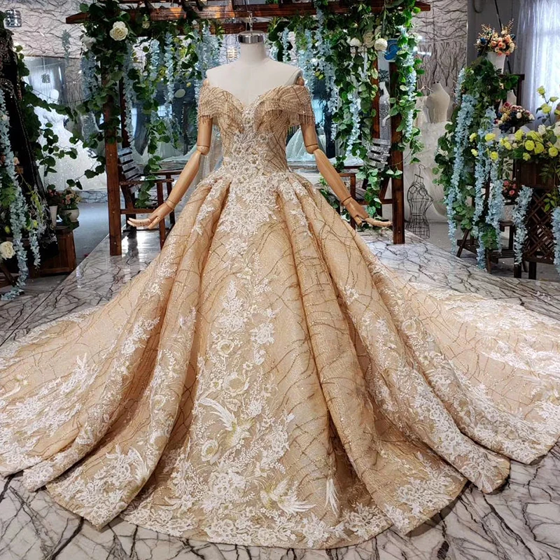 Jancember HTL444 2019 gold  off shoulder fashion wedding gown appliques crystal beads for wedding dress