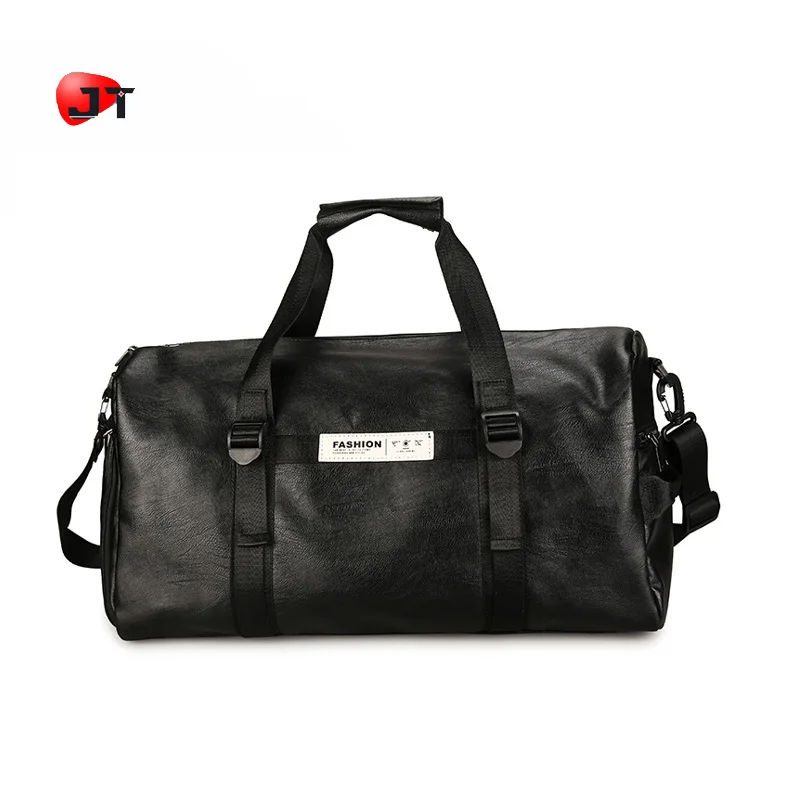 
Vintage Man Black Leather Bag Gym Travel Sports Shoes Duffel Gym Bag With Wet Compartment 
