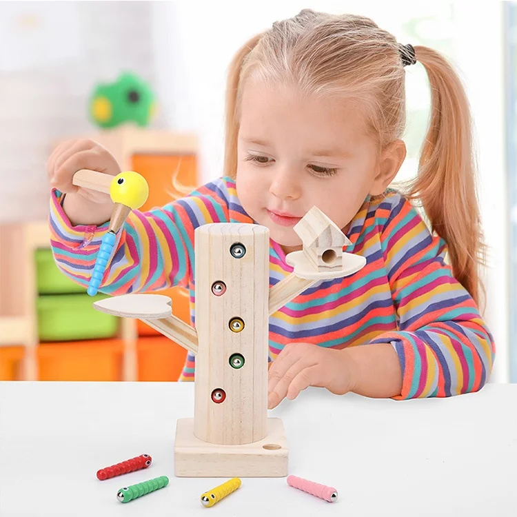educational wooden toys learning magnetic woodpecker catching insect game wooden catching worms game toys