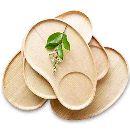 Set 2 Fancy Platter Small Serving Tray Kid Plate Cheese, Salad, Dessert Divided Breakfast Bamboo Serve Dish