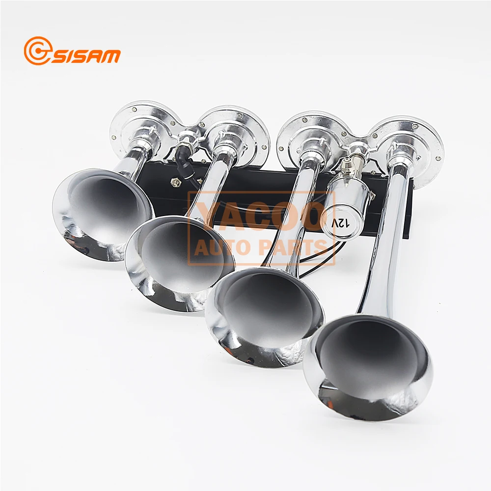 12V 150DB Chrome Silver Car Truck Train Air Horn with 4 Trumpet Ultra Loud Sound Gas Pressured Horns