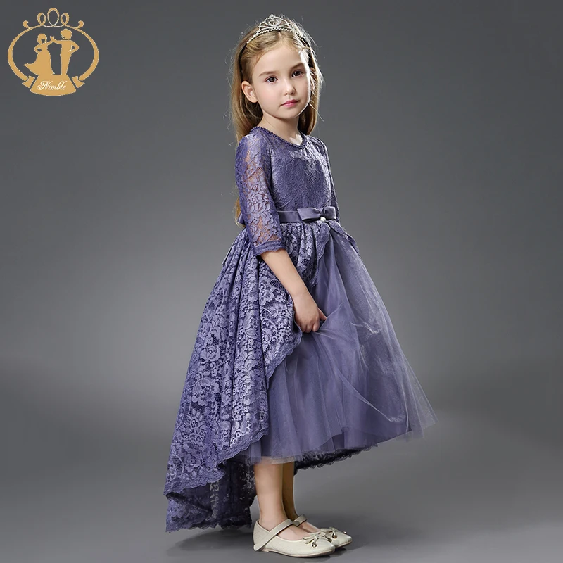Nimble Designer Purple Flower Girl Dress High Collar Heavy Beading Satin Princess Gril Dresses With Long Train