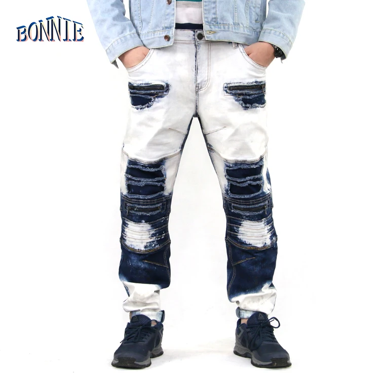 OEM motorcycle worn jeans blue and white color pop custom high-end jeans