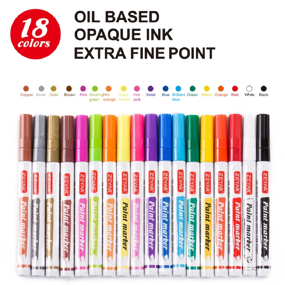 ZEYAR Oil- based Paint Pen Set Extra Fine Point Nylon Tip, 18 colors, permanent& waterproof ink