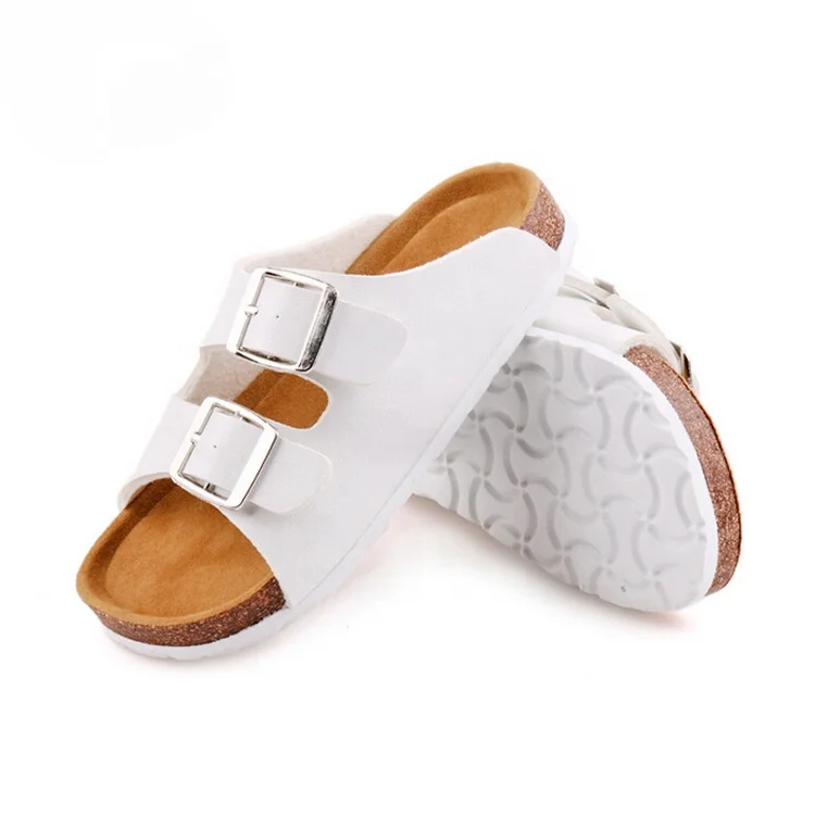 Boys Cork Sole Slide Flat Sandals Open Toe Double Adjustable Buckle Hook Outdoor Slippers with soft foot bed for Summer