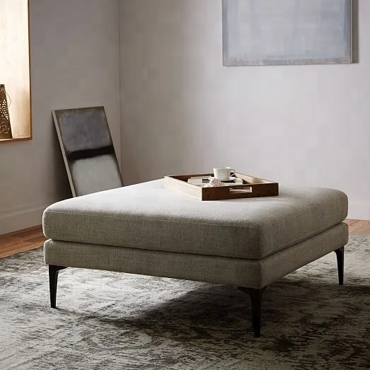 Home furniture square sofa stool gray linen fabric cover wooden sofa ottoman