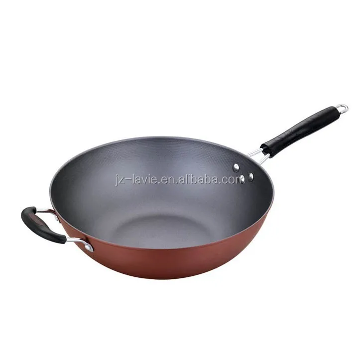 
Traditional Chinese Hand made Carbon Steel Wok Non Stick Pan with Wood Lid and 2 handles for Electric, Induction and Gas Stoves 