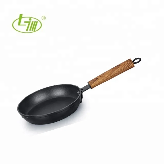 High quality forged aluminum non-stick skillet with wooden handle and hanging hoop, cast iron pan similar