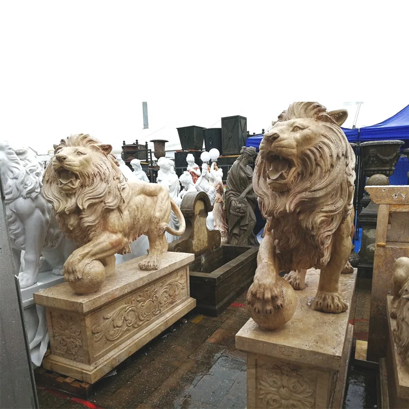 Stone Lions Statue Hot Sale Chinese Natural Stone Color Travertine Sh-shenghua 1 Pair CN;HEB Am-002 Environment-frendly