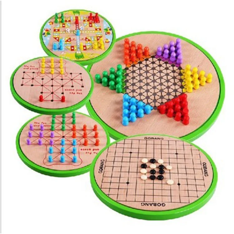 Wholesale Customization 5 in 1 Round Wooden Aeroplane Checkers Chess Board Multi Game Chess