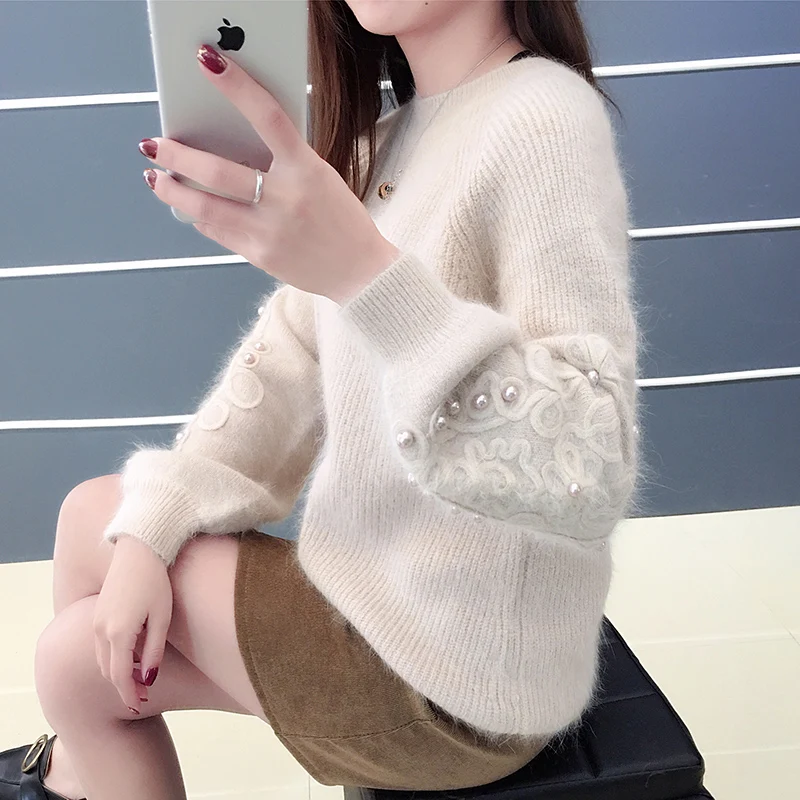 Hot sale fashionable pink lady plus size beading women super soft warm pullover sweater