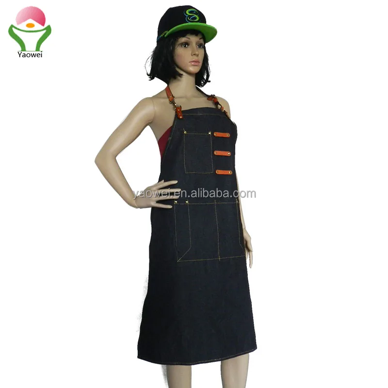 newest custom high quality cooking cotton jeans apron with tool pouch Denim Apron