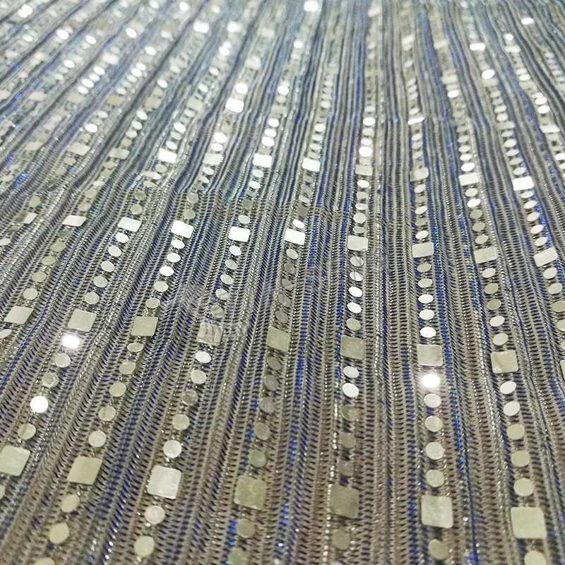 Shiny Blue Silver Metallic Lurex fabric With Line Sequin Spangle for Prom Dress