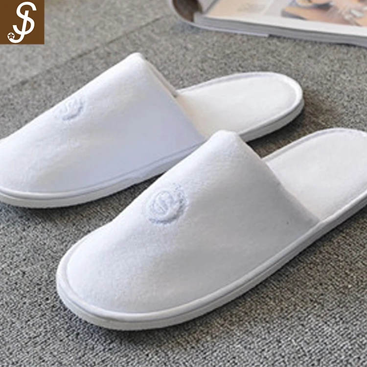 S&J High Quality White Plush Hotel Spa Indoor Disposable cheap hotel slippers