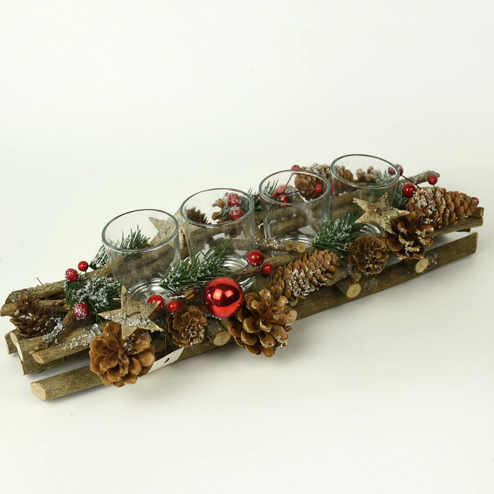 BSCI 4 cups tealight natural candlestick wood pinecone decorative candle holder