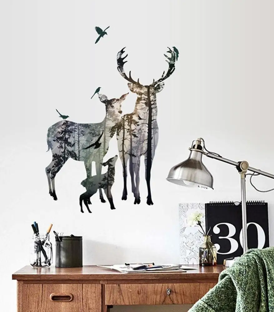 Forest Silhouette Deer Wall Decal Animal Birds Elk Vinyl Stickers for Bedroom Kids DecorHome Art Mural TV Background Decorations