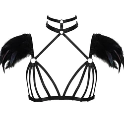 Black Strappy Crop Tops Lingerie Belt Feather Harness Epaulette for Women Adjust Elastic Punk Bralette Festival Rave Clothing