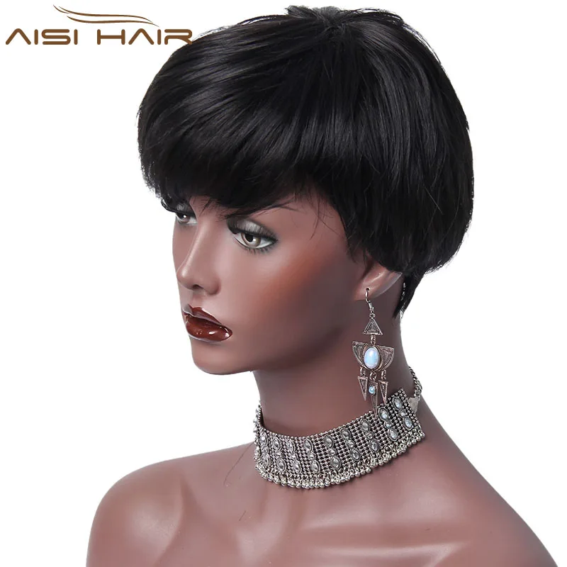 Aisi Hair Wholesale Short Straight Synthetic Black Pixie Cut Wig for Black Women