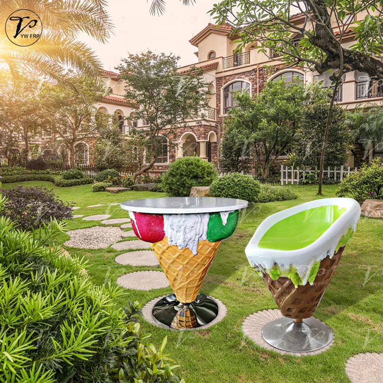 Стекловолокно мороженое конус мультфильм стол и стулья наборы магазина украшение для ресторана мебель