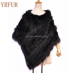 YR813 Genuine Hand knitted Triangle Real Rabbit and Raccoon Fur Poncho for Women High Quality