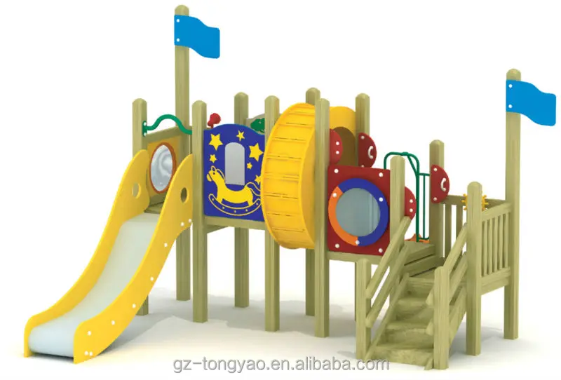 Amusement Park rides swing set Children outdoor playground kids playhouse Wooden Slide