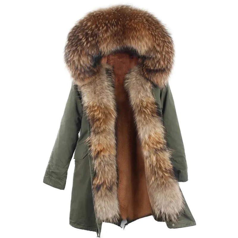 Large Real Raccoon Fur Collar Parka Coat Hooded Casual Warm Long Style Custom Parka Jacket Best Quality Womens Parka With Fur