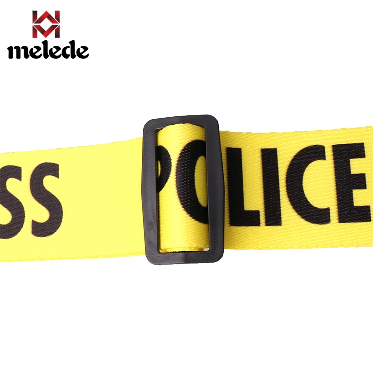 
Thermal transfer polyester yellow police line bass electric anime guitar strap with PU leather ends polyester webbing strap 