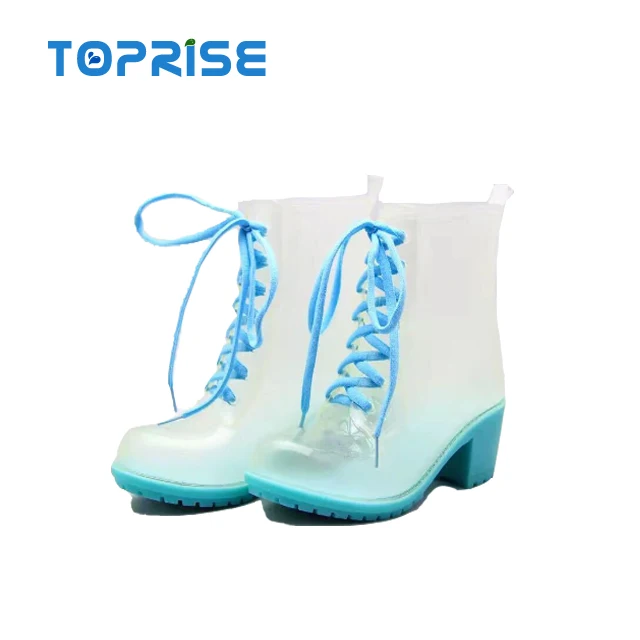 Wholesale Ladies Women Wedge Crystal PVC Plastic Heeled Jelly Rain Shoes