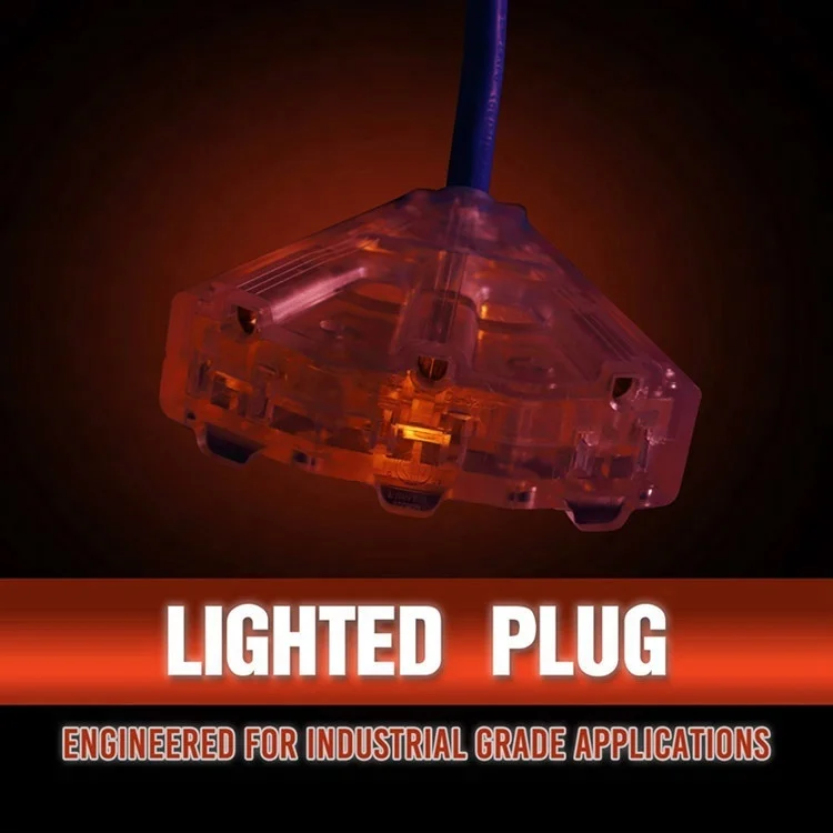 OSHA NRTL Compliant Cold Weather Extension Cord w/Lighted End & 3 Outlets