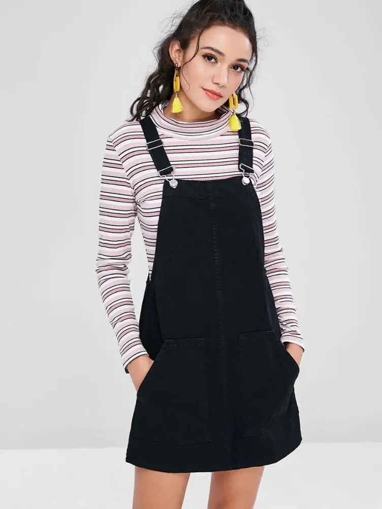 2019 Fashion pockets pinafore dungaree black denim sleeveless dress women