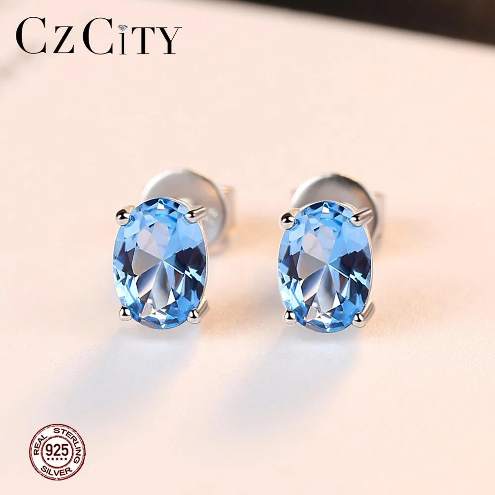 CZCITY Real 925 Sterling Silver Sky Blue Color Topaz Earrings Oval Shape Studs for Ladies Elegant Gemstone Jewelry