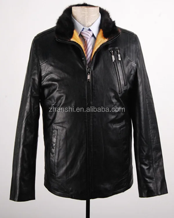 Russian Style Men Winter Black Leather Coats With Fur Collar And Lining