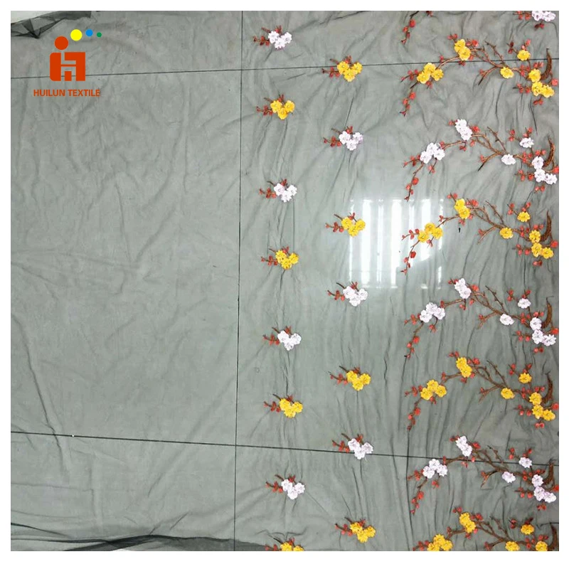 HLS163# high end fashion design printed organza fabric 3D flower applique embroidery