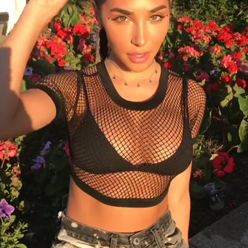 ZH3592G Sexy Black Mesh Women Crop Tops Wholesale O Neck Short Sleeves Short Fashion Girls T Shirts Transparent Blouses
