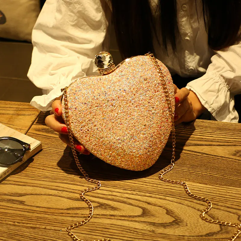 New Heart Shape Bridal Wedding Women Handbag Shiny Flash Sequins Rhinestone Chain Bag Shoulder Messenger evening bags for ladies