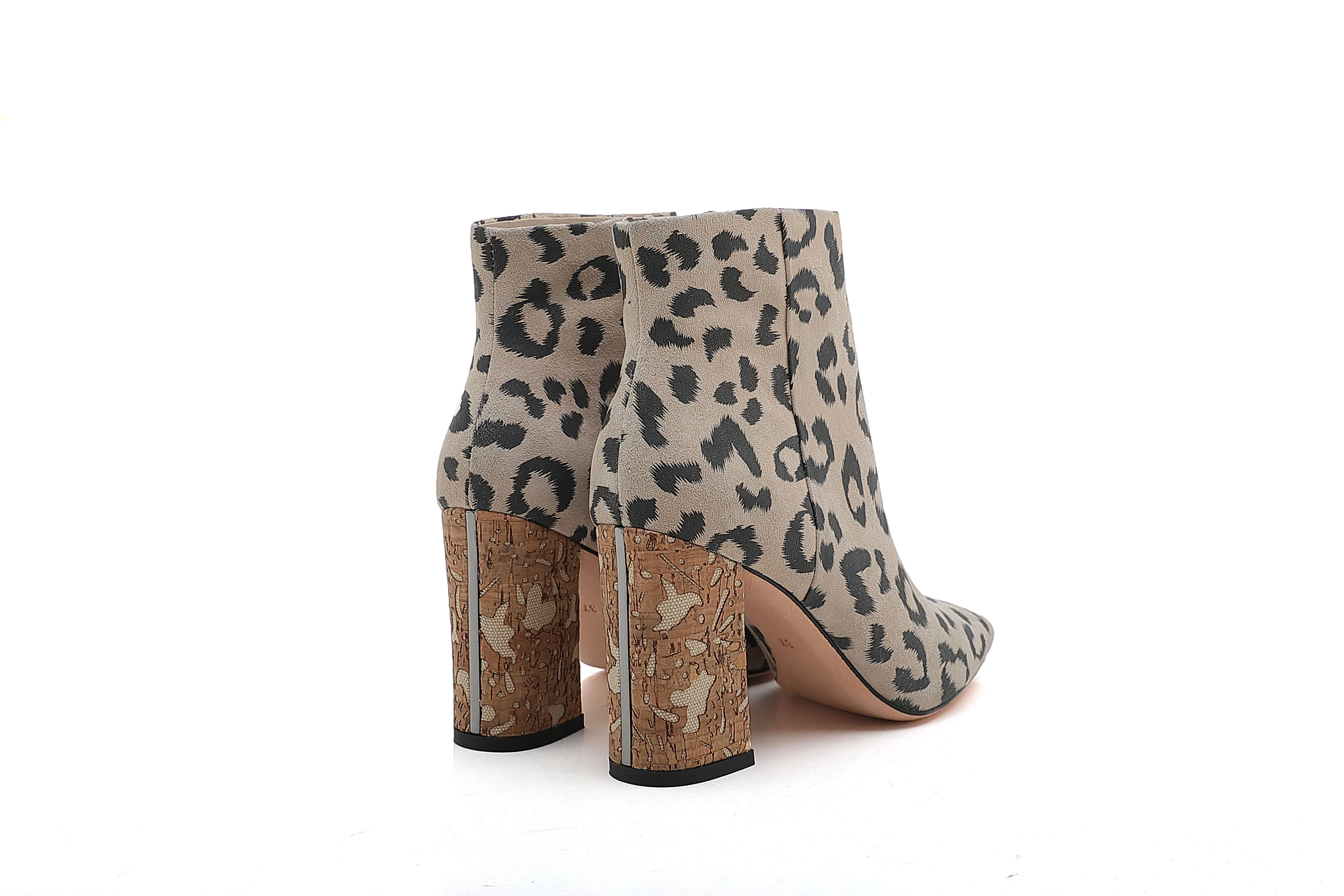 Best Price Genuine Leather Chunky Heel Leopard Print Kid Suede Ankle Boots Women