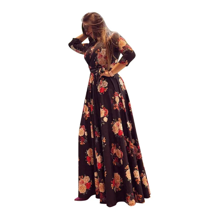 Clothes women v neck 3/4 sleeve plus size floral printed party long maxi dresses with belt