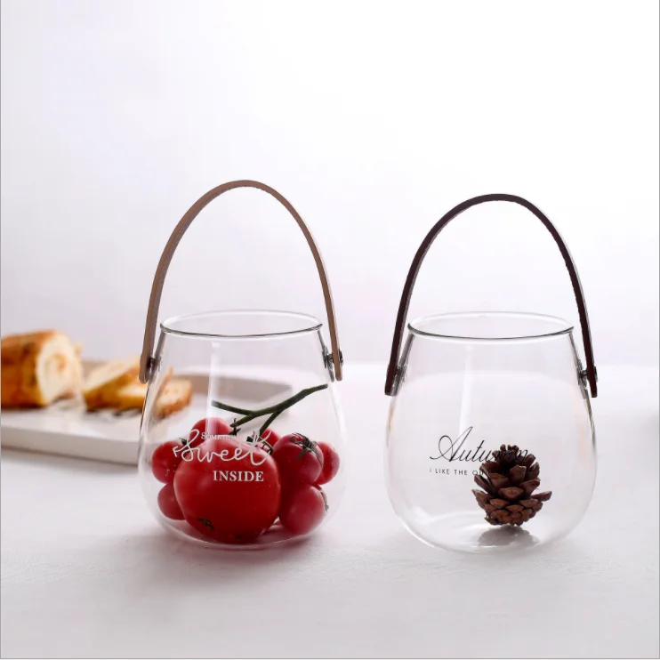 Wholesale Borosilicate Glass Leather Handle Clear Round Snack Storage Glass Jar