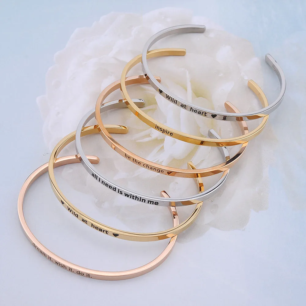 Wholesale Custom Logo 316L Stainless Steel Jewelry Engraved Inspirational Stamped Message Bangles Cuff Bracelets For Women