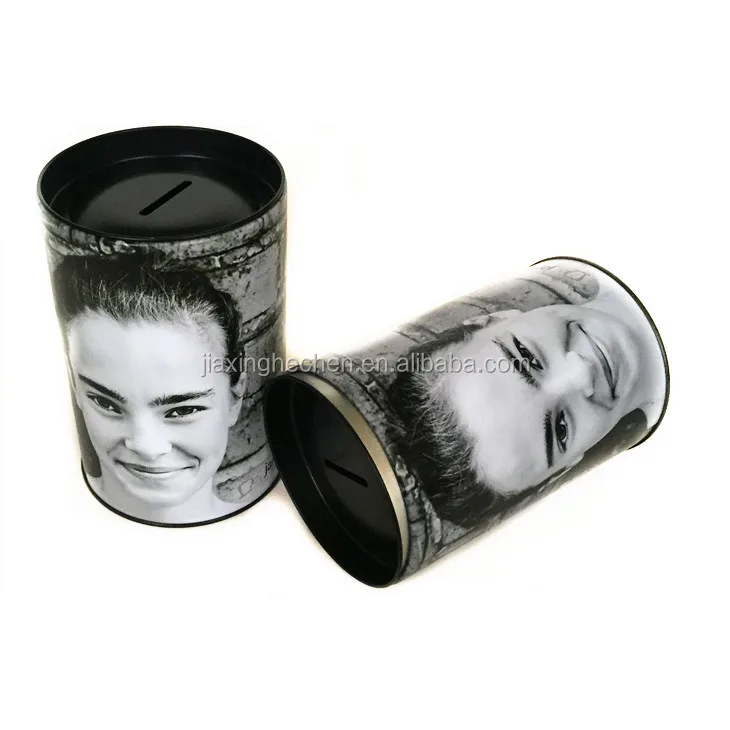 Money tin box with easy open lid round coin bank