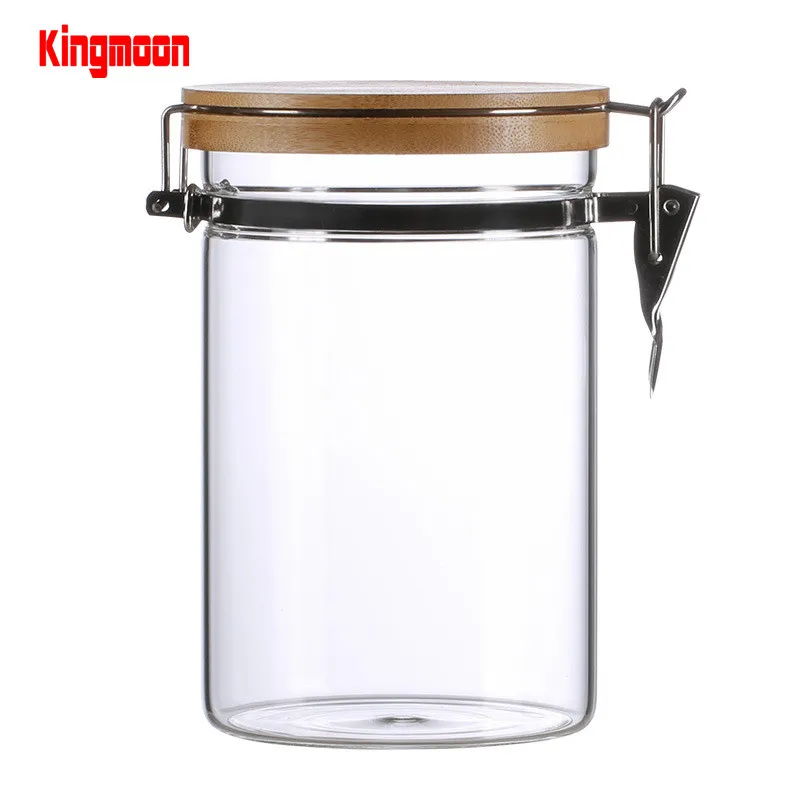 Clear Borosilicate Glass Food Storage Jar Canister with Airtight steel  buckle Locking Clamp Bamboo Lids