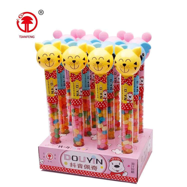 Factory manufacturer good selling halal fruit candy stick soft chewy candy gummy jelly beans cartoon stick for kids
