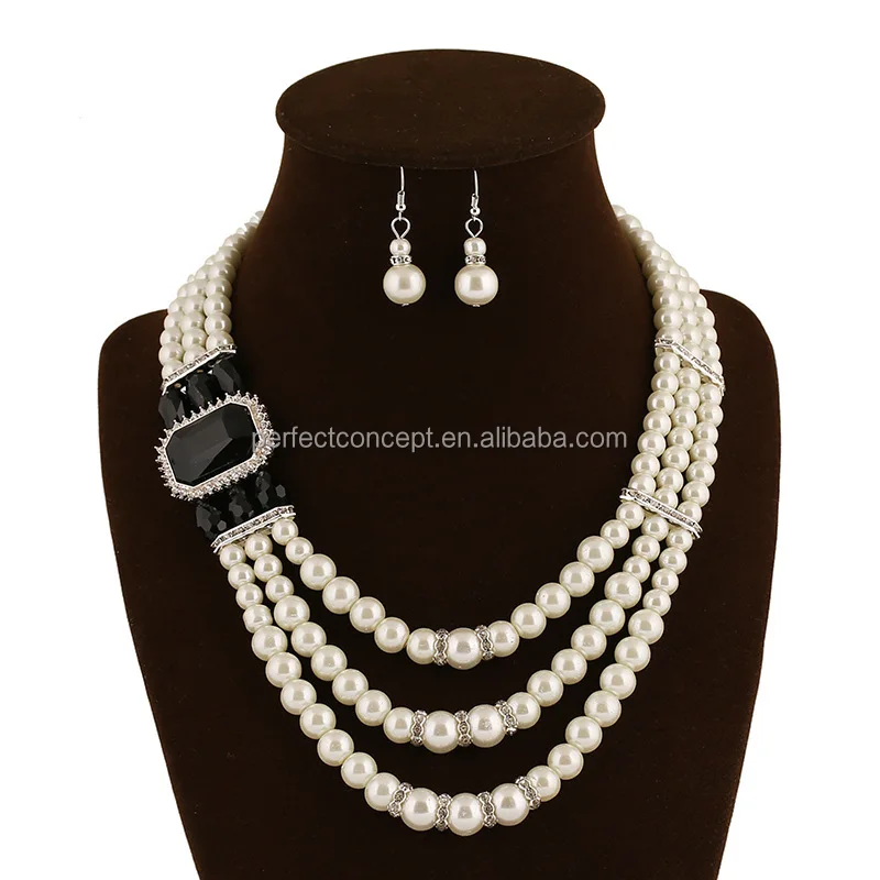 rectangle crystal pearl necklace and earring 3 rows pearl necklace women artificial jewelry