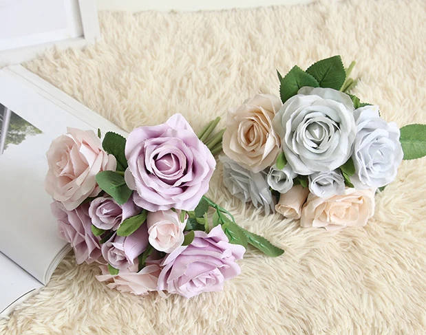 8 Heads Cheap Interior Red Rose Artificial Flower Bouquet Mini