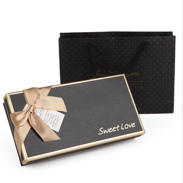 Luxury chocolate food grade rigid paper 2mm thickness cardboard gift 2 piece packaging bowknot box with separate lid divider